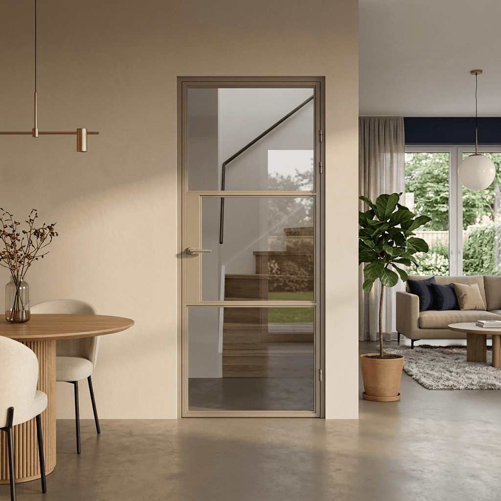 Binnendeur met glas van DHK Kozijnen in een Nederlandse woning, met links een eettafel en rechts een zithoek, gemaakt door LensLab