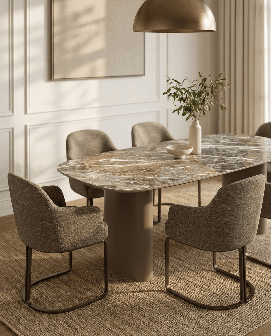 Eettafel met stenen tafelblad en gestoffeerde stoelen in een licht interieur, gemaakt door LensLab voor Next Table