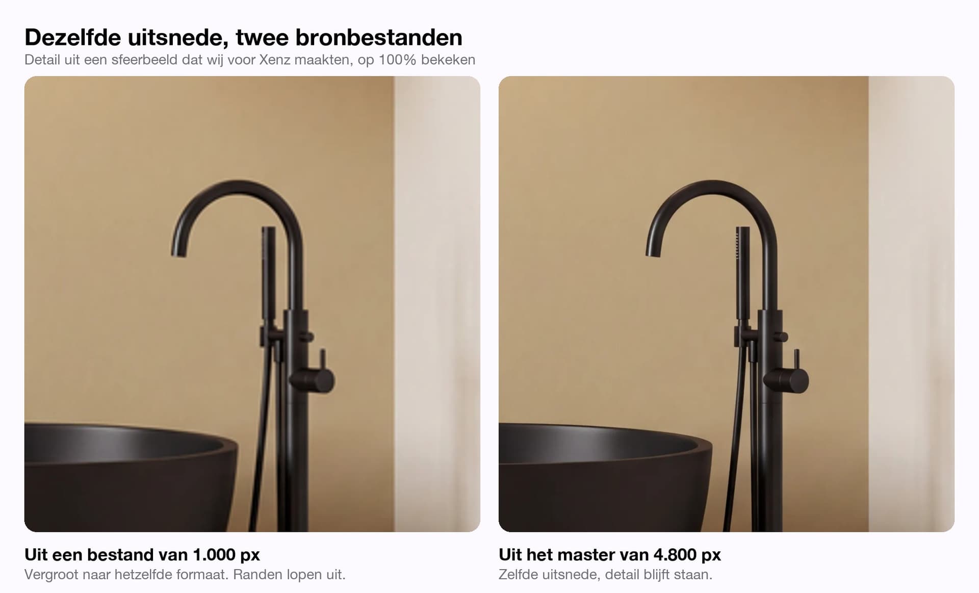 Twee keer dezelfde uitsnede van een zwarte vrijstaande badkraan: links uit een bestand van 1.000 pixels dat is vergroot, met uitgelopen randen; rechts uit het master van 4.800 pixels, waar het detail scherp blijft